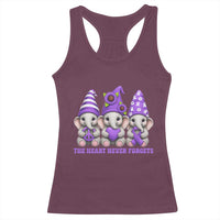 Cute Elephant Gnome Purple Ribbon Alzheimer's Support Racerback Tank Top The Heart Never Forgets