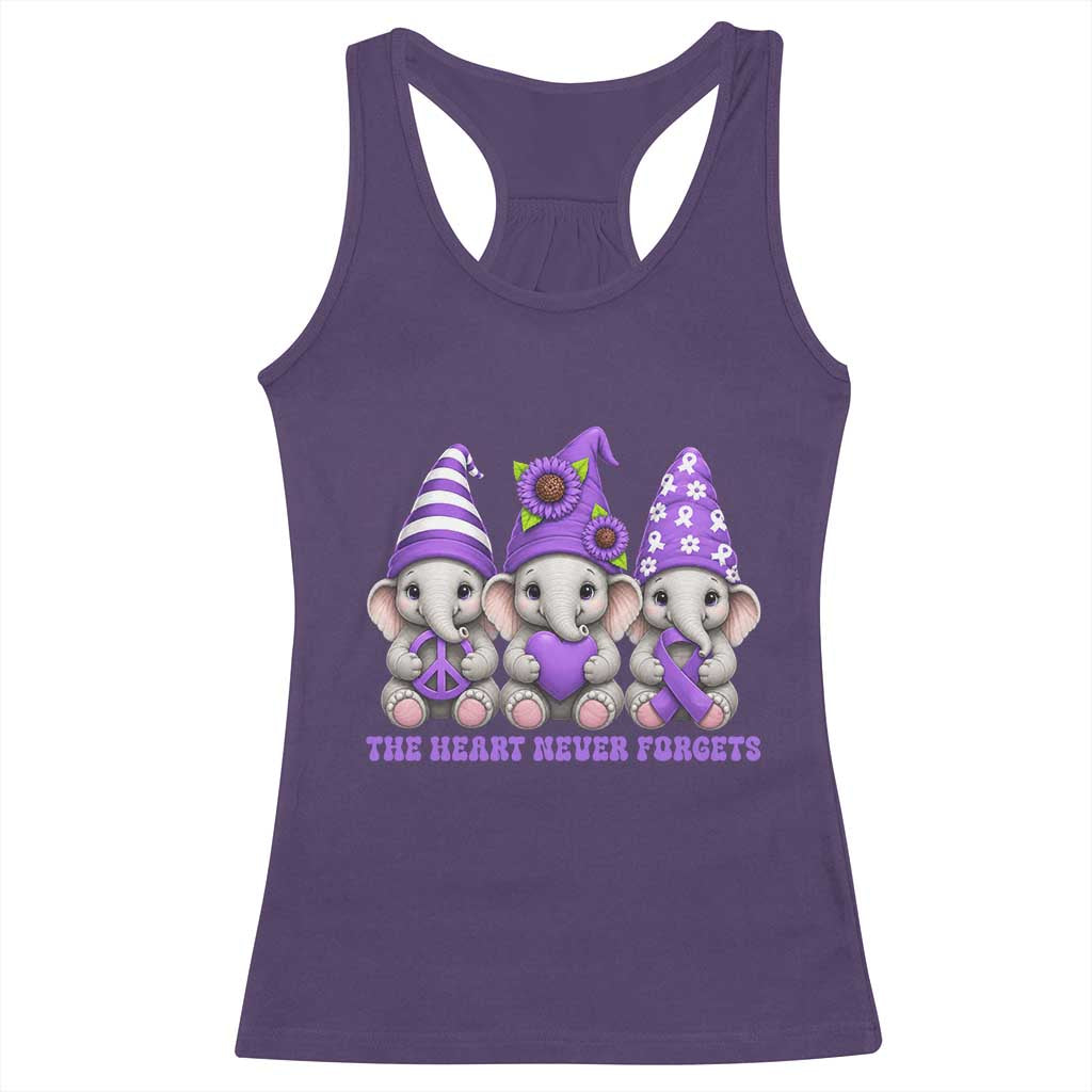 Cute Elephant Gnome Purple Ribbon Alzheimer's Support Racerback Tank Top The Heart Never Forgets