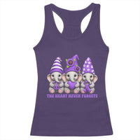 Cute Elephant Gnome Purple Ribbon Alzheimer's Support Racerback Tank Top The Heart Never Forgets