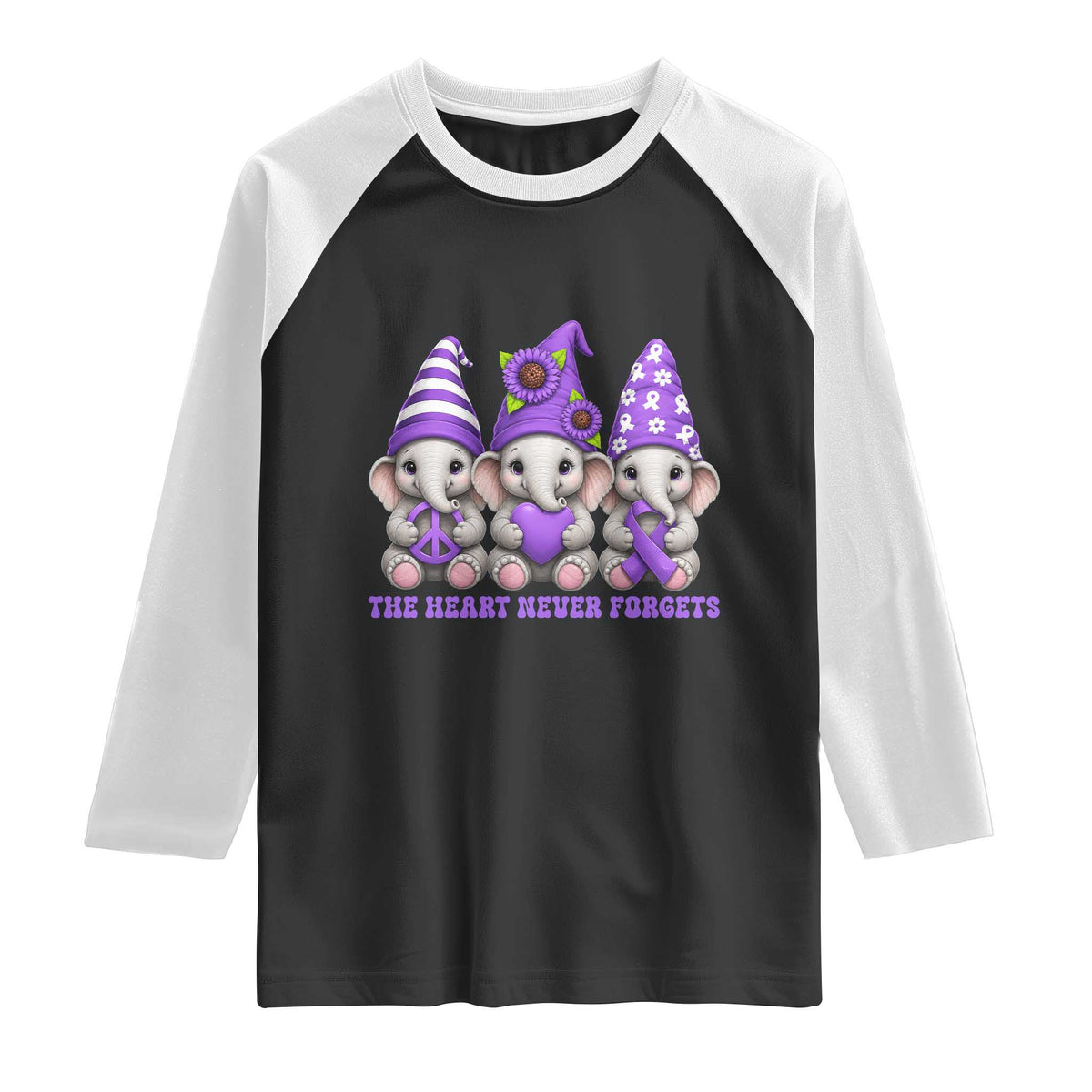 Cute Elephant Gnome Purple Ribbon Alzheimer's Support Raglan Shirt The Heart Never Forgets