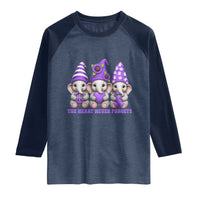 Cute Elephant Gnome Purple Ribbon Alzheimer's Support Raglan Shirt The Heart Never Forgets