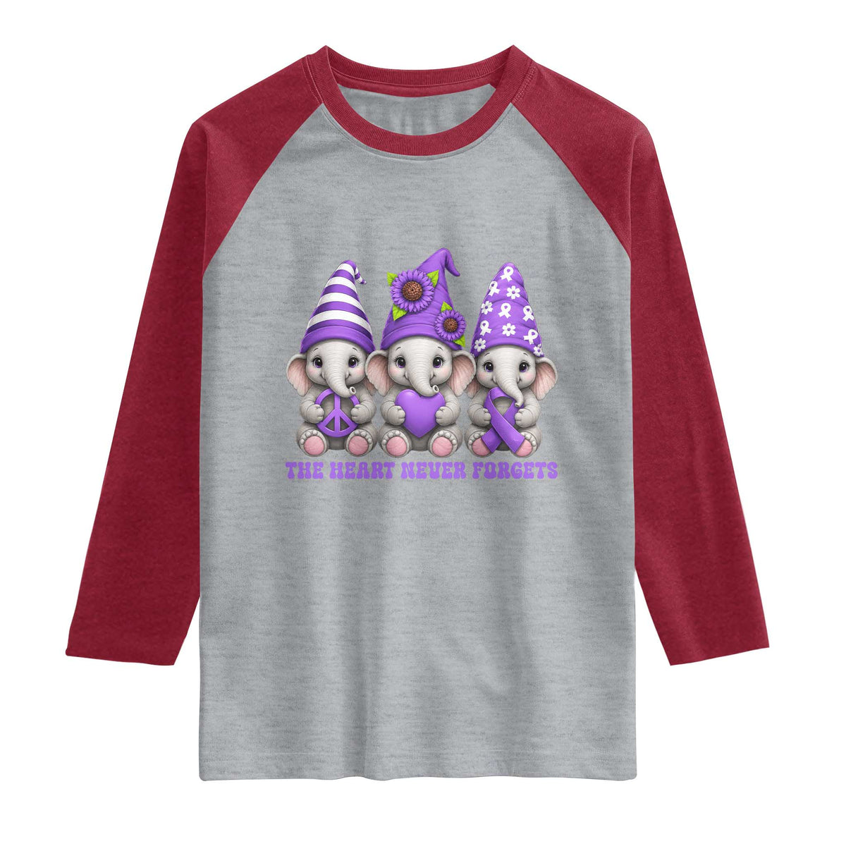 Cute Elephant Gnome Purple Ribbon Alzheimer's Support Raglan Shirt The Heart Never Forgets