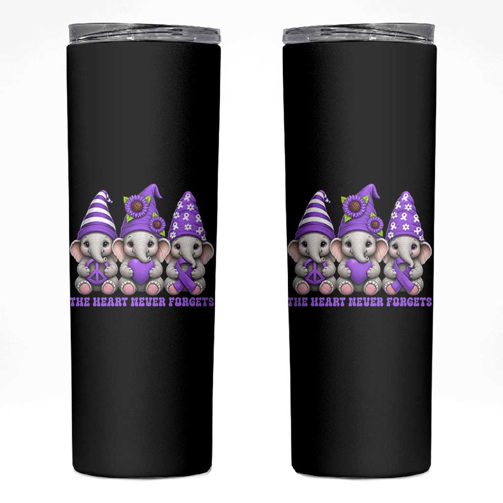 Cute Elephant Gnome Purple Ribbon Alzheimer's Support Skinny Tumbler The Heart Never Forgets