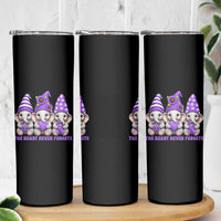 Cute Elephant Gnome Purple Ribbon Alzheimer's Support Skinny Tumbler The Heart Never Forgets
