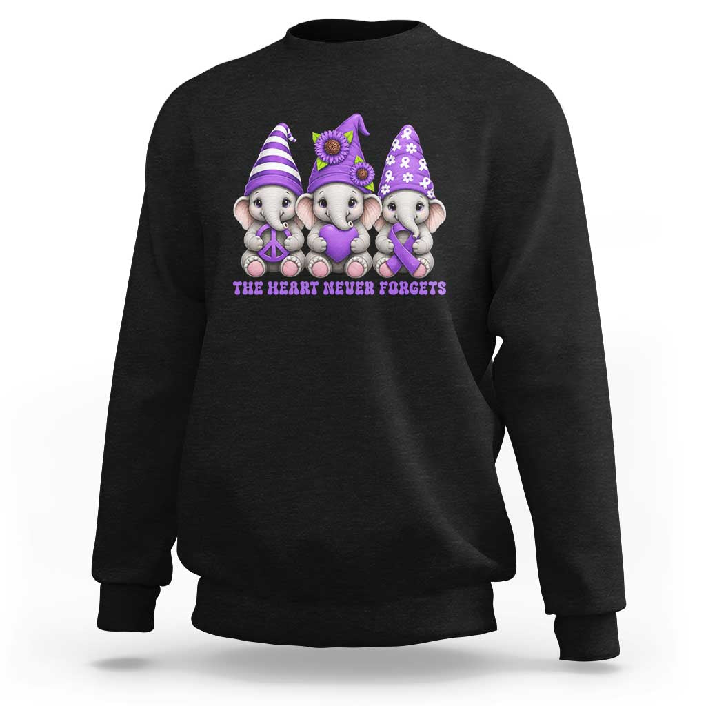 Cute Elephant Gnome Purple Ribbon Alzheimer's Support Sweatshirt The Heart Never Forgets