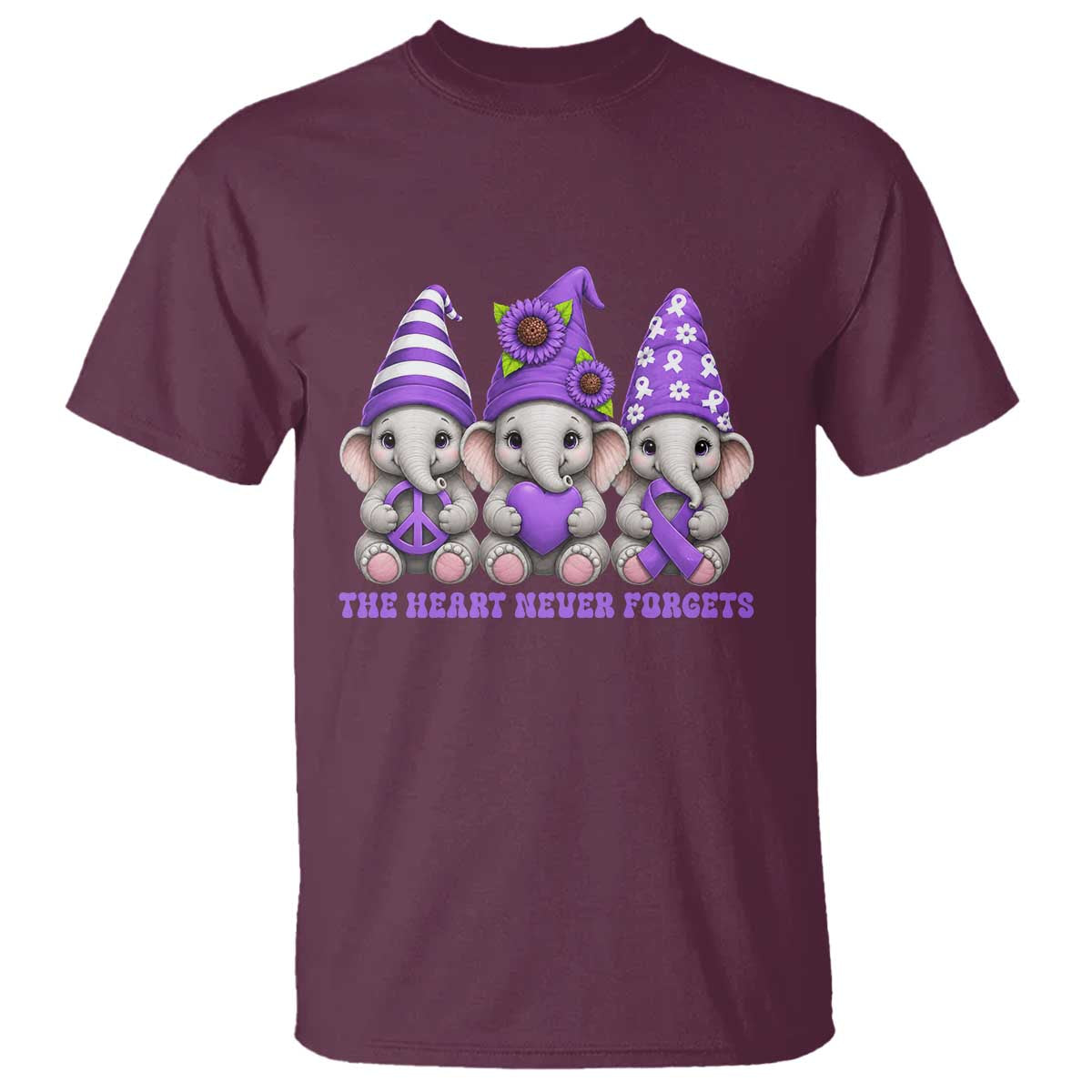 Cute Elephant Gnome Purple Ribbon Alzheimer's Support T Shirt The Heart Never Forgets