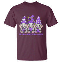 Cute Elephant Gnome Purple Ribbon Alzheimer's Support T Shirt The Heart Never Forgets