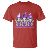 Cute Elephant Gnome Purple Ribbon Alzheimer's Support T Shirt The Heart Never Forgets