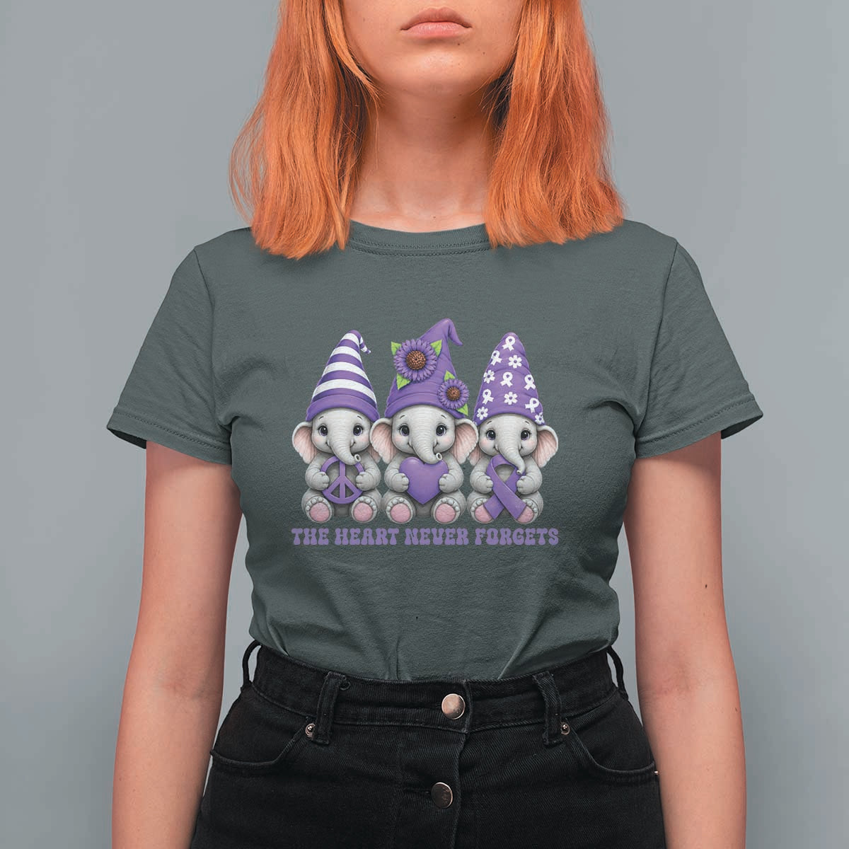 Cute Elephant Gnome Purple Ribbon Alzheimer's Support T Shirt For Women The Heart Never Forgets
