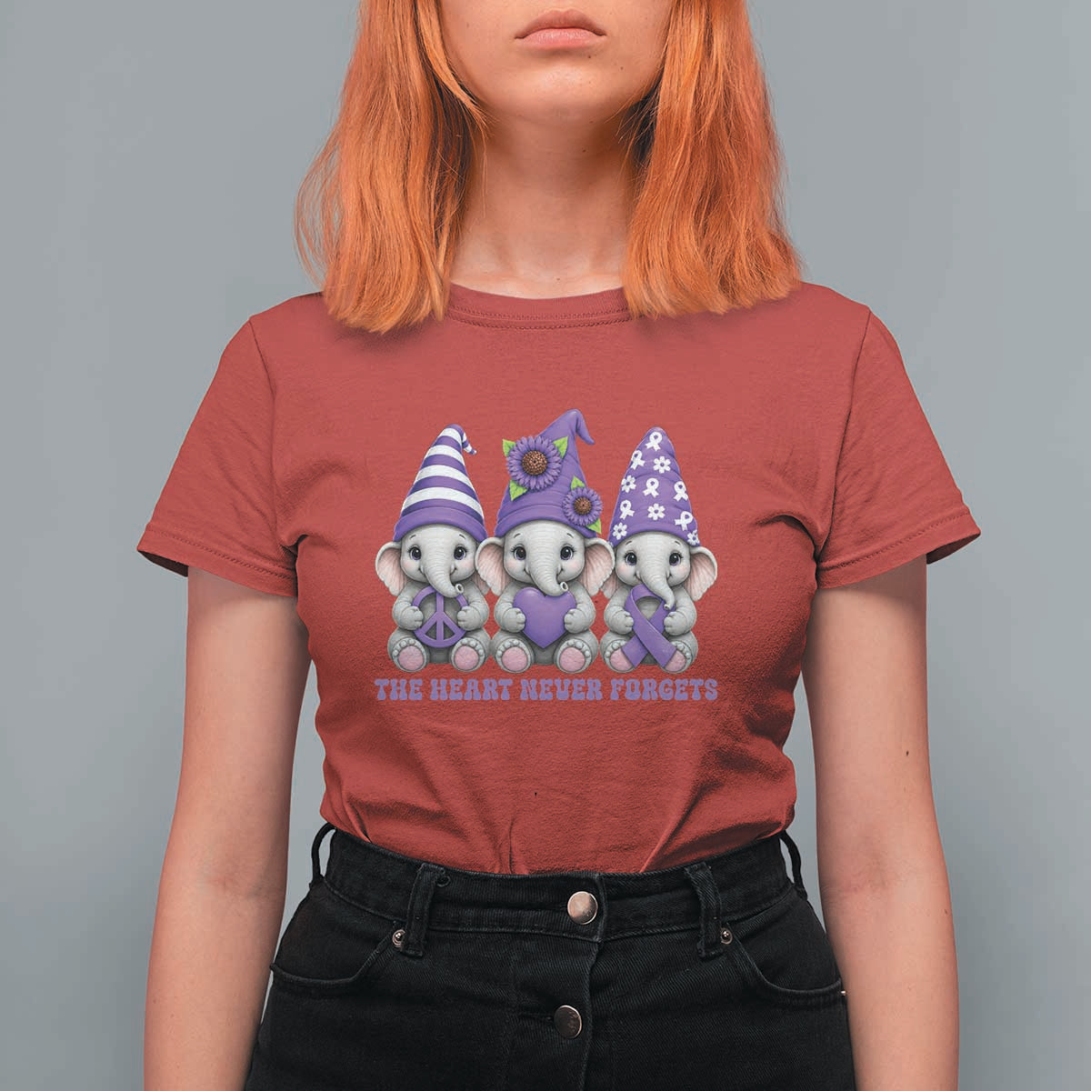 Cute Elephant Gnome Purple Ribbon Alzheimer's Support T Shirt For Women The Heart Never Forgets