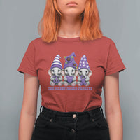 Cute Elephant Gnome Purple Ribbon Alzheimer's Support T Shirt For Women The Heart Never Forgets