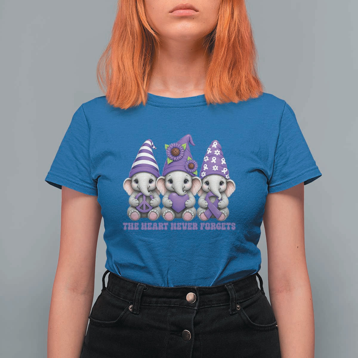Cute Elephant Gnome Purple Ribbon Alzheimer's Support T Shirt For Women The Heart Never Forgets