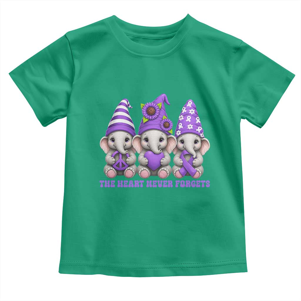 Cute Elephant Gnome Purple Ribbon Alzheimer's Support Toddler T Shirt The Heart Never Forgets