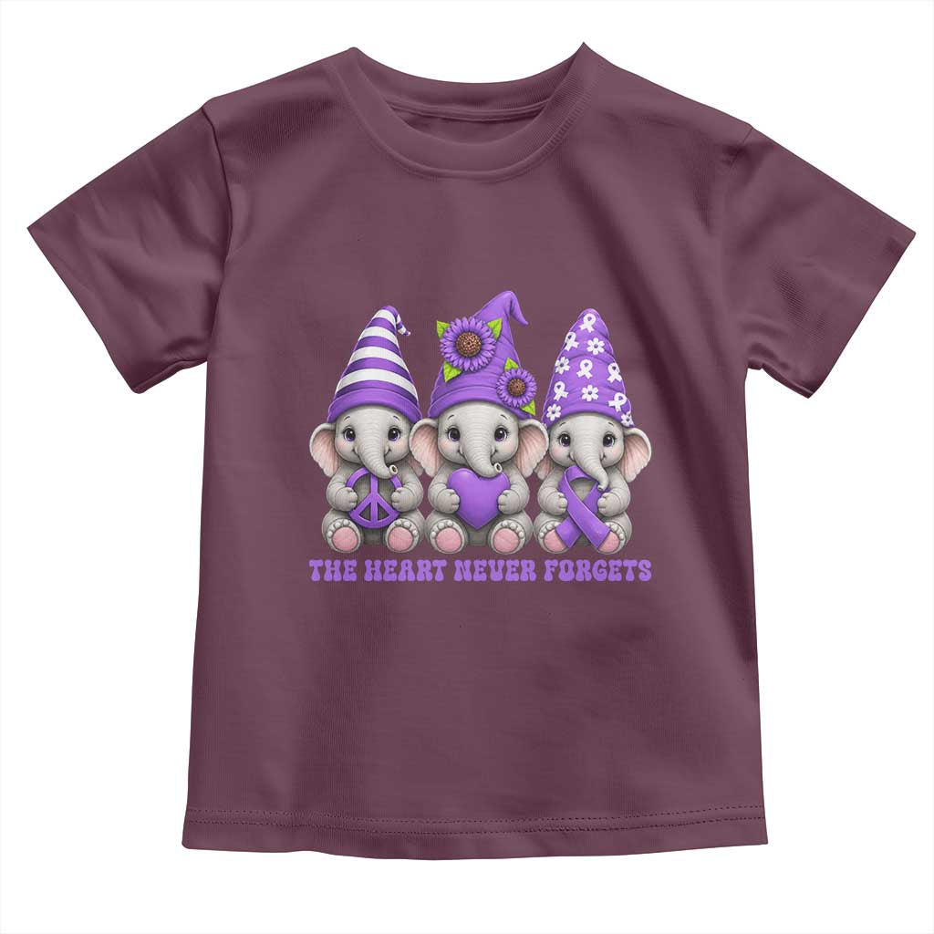 Cute Elephant Gnome Purple Ribbon Alzheimer's Support Toddler T Shirt The Heart Never Forgets
