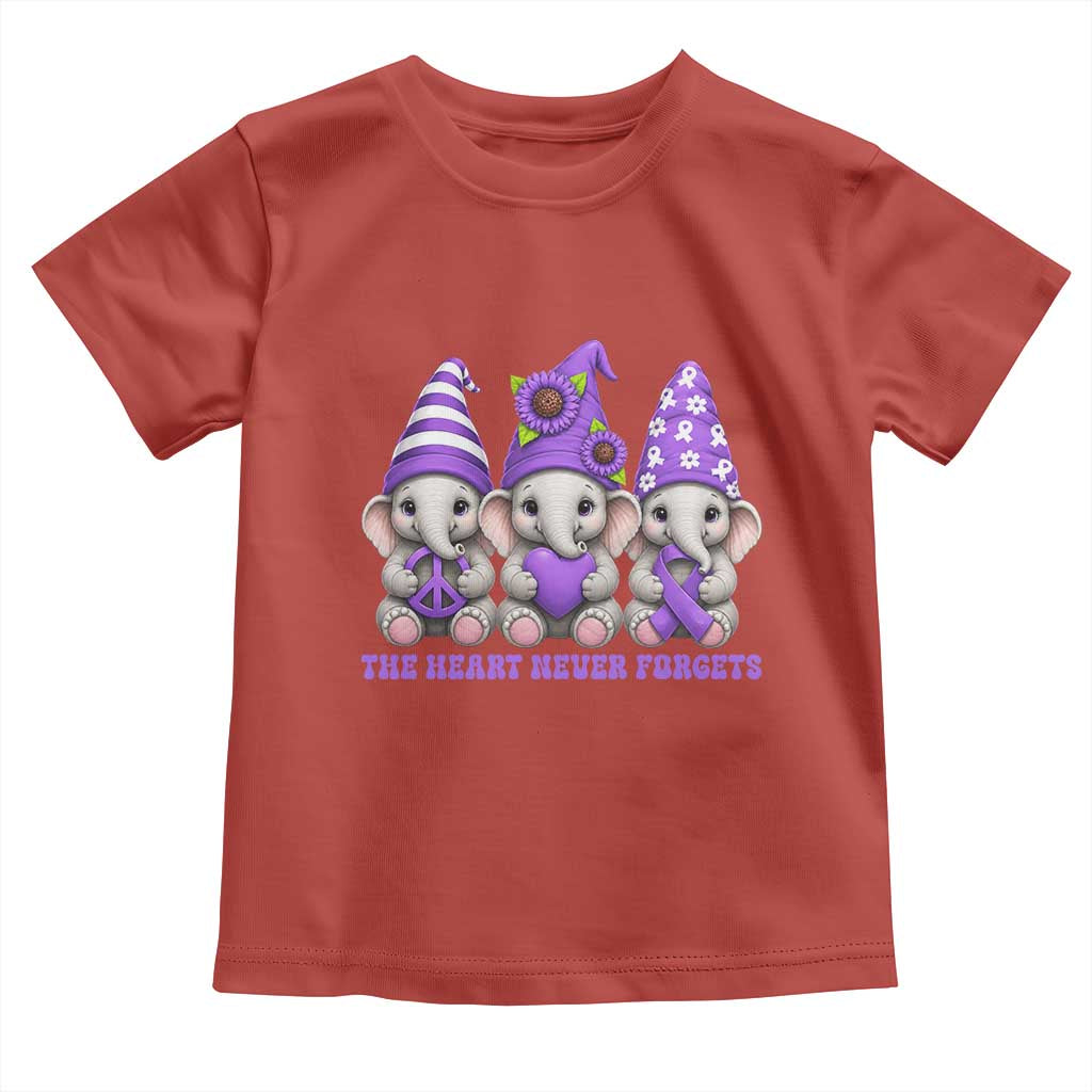 Cute Elephant Gnome Purple Ribbon Alzheimer's Support Toddler T Shirt The Heart Never Forgets