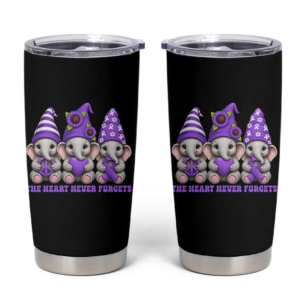 Cute Elephant Gnome Purple Ribbon Alzheimer's Support Tumbler Cup The Heart Never Forgets