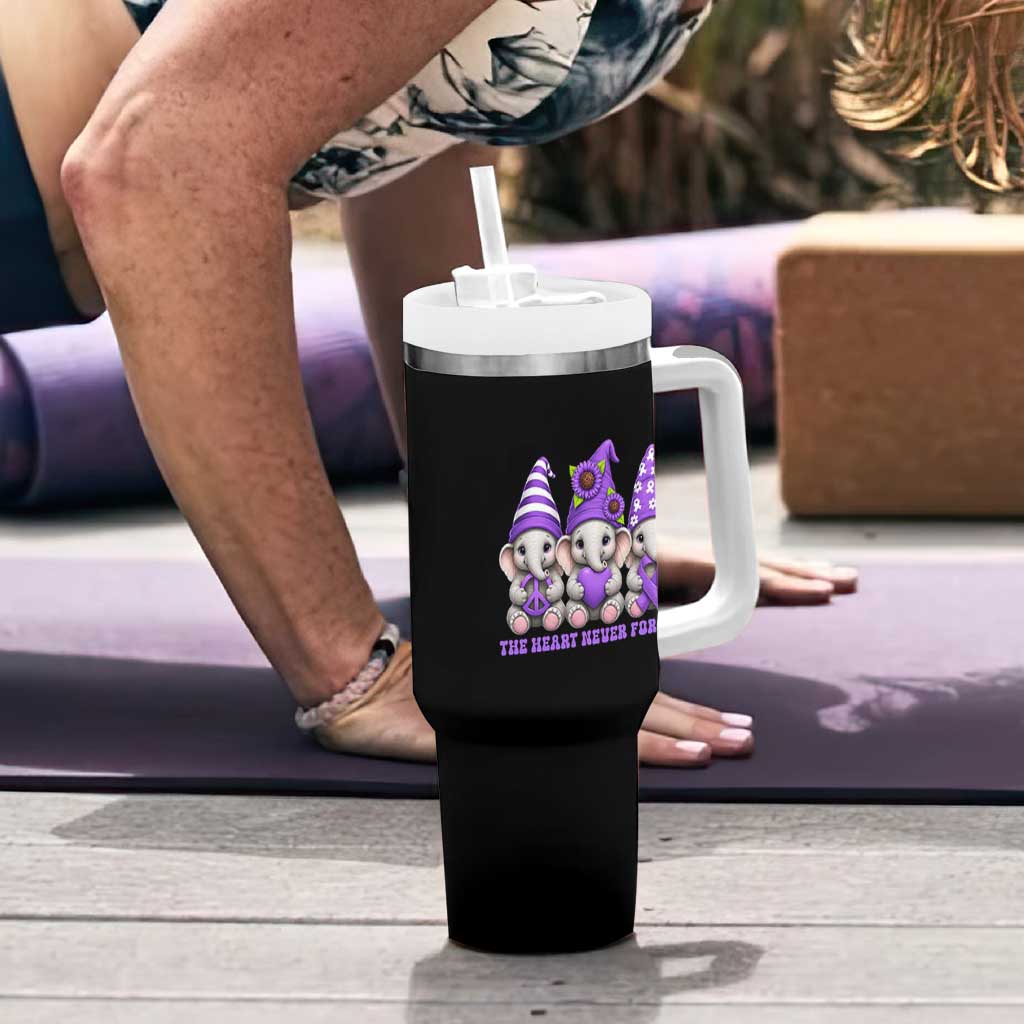 Cute Elephant Gnome Purple Ribbon Alzheimer's Support Tumbler With Handle The Heart Never Forgets