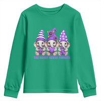 Cute Elephant Gnome Purple Ribbon Alzheimer's Support Youth Sweatshirt The Heart Never Forgets