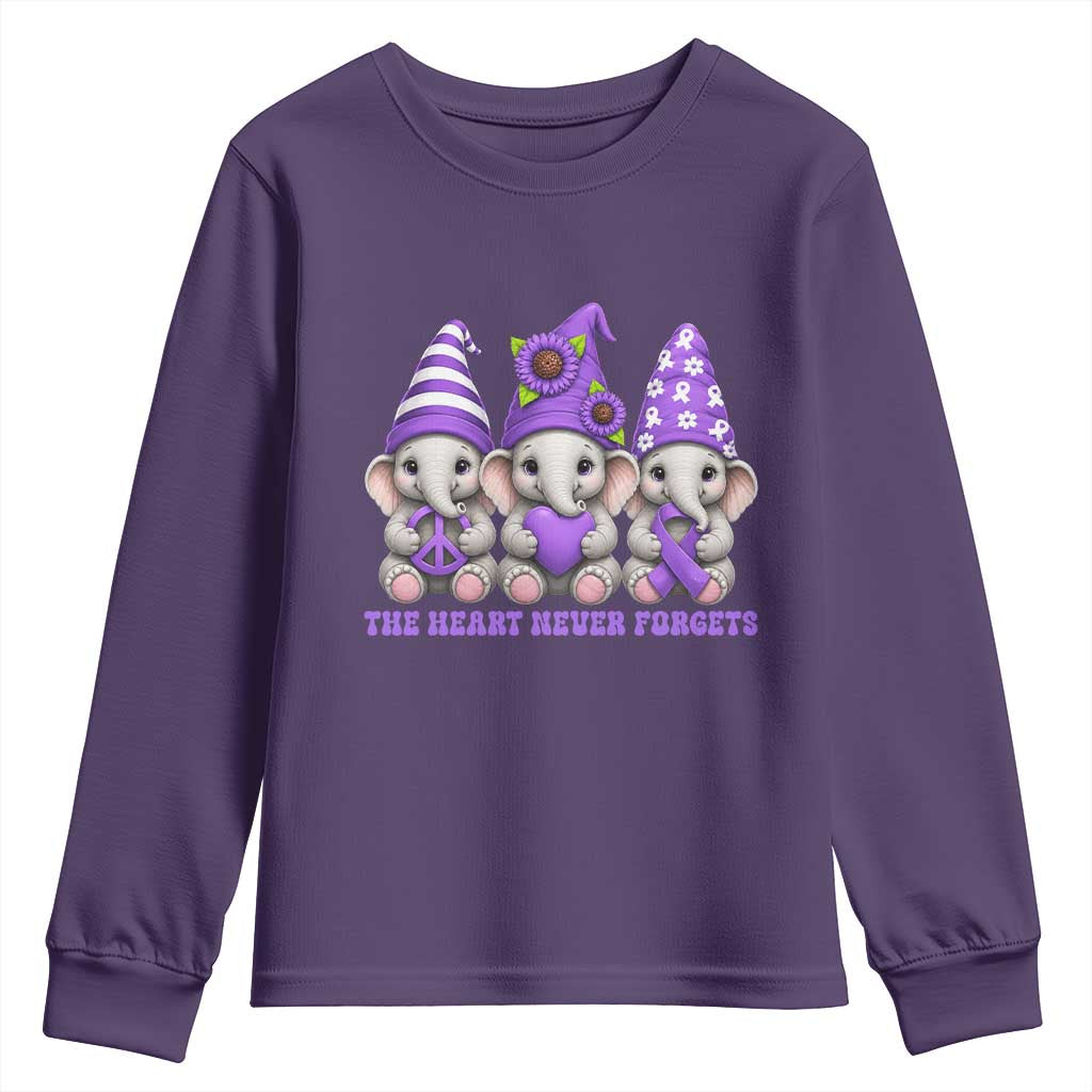 Cute Elephant Gnome Purple Ribbon Alzheimer's Support Youth Sweatshirt The Heart Never Forgets