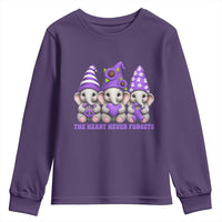 Cute Elephant Gnome Purple Ribbon Alzheimer's Support Youth Sweatshirt The Heart Never Forgets