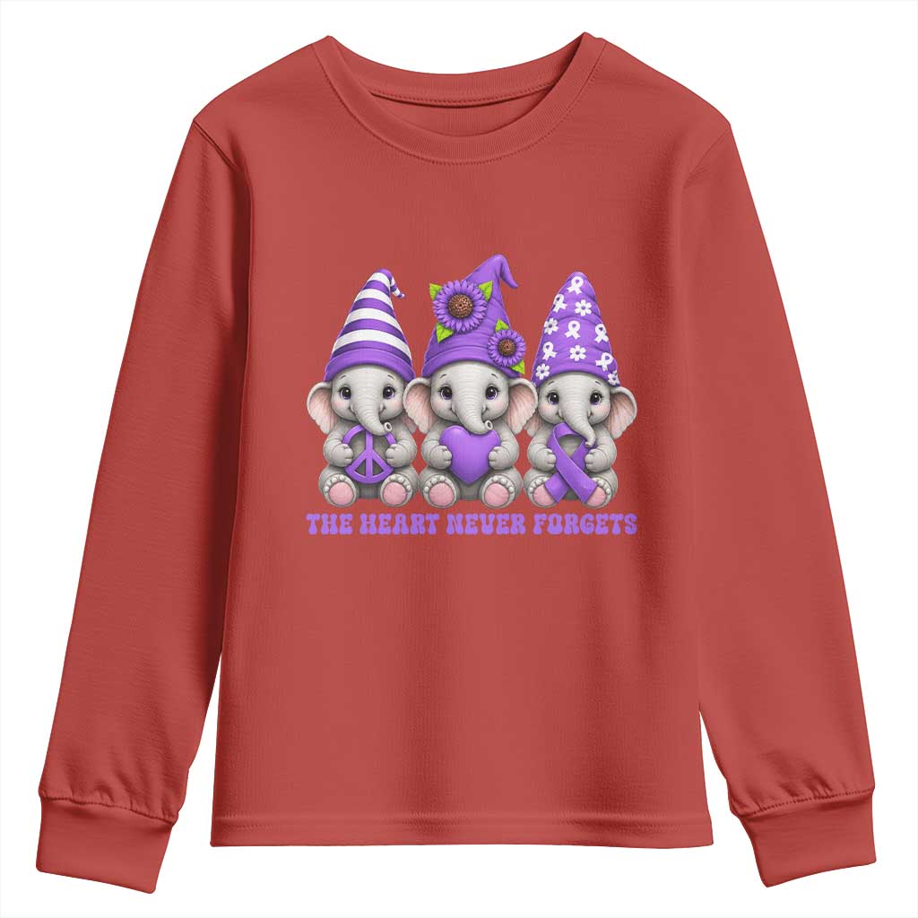 Cute Elephant Gnome Purple Ribbon Alzheimer's Support Youth Sweatshirt The Heart Never Forgets