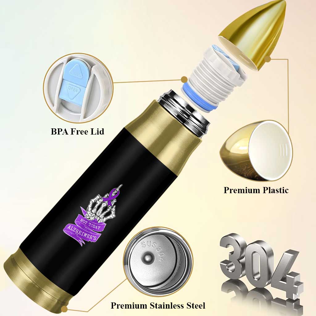 Not Today Alzheimers Bullet Tumbler Funny Skeleton Middle Finger Purple Ribbon