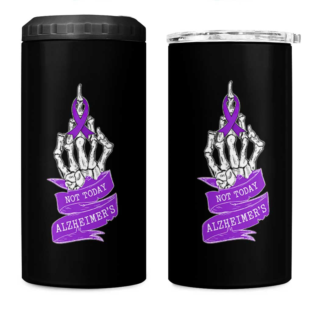 Not Today Alzheimers 4 in 1 Can Cooler Tumbler Funny Skeleton Middle Finger Purple Ribbon