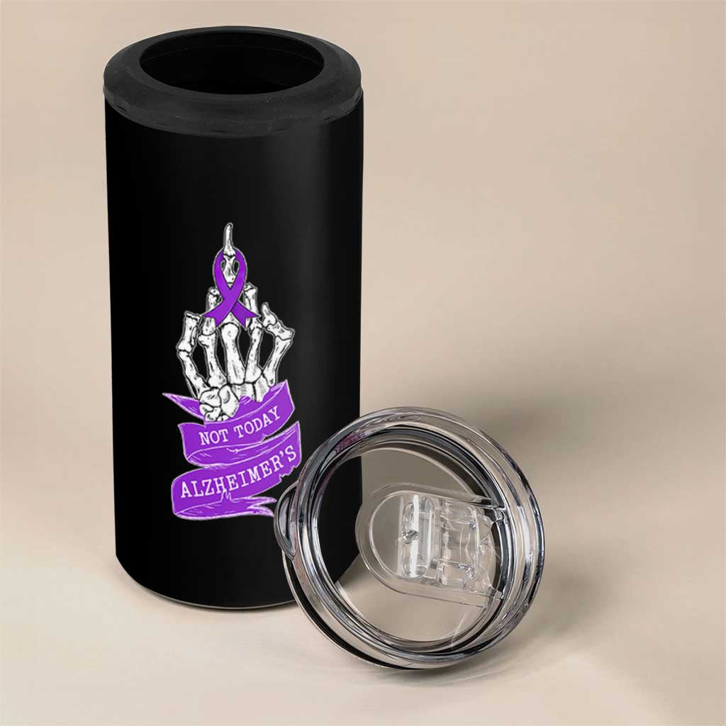 Not Today Alzheimers 4 in 1 Can Cooler Tumbler Funny Skeleton Middle Finger Purple Ribbon