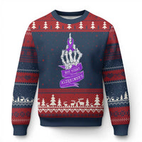 Not Today Alzheimers Ugly Christmas Sweater Funny Skeleton Middle Finger Purple Ribbon