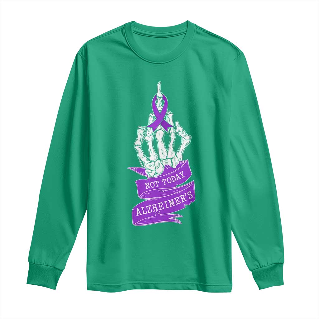 Not Today Alzheimers Long Sleeve Shirt Funny Skeleton Middle Finger Purple Ribbon