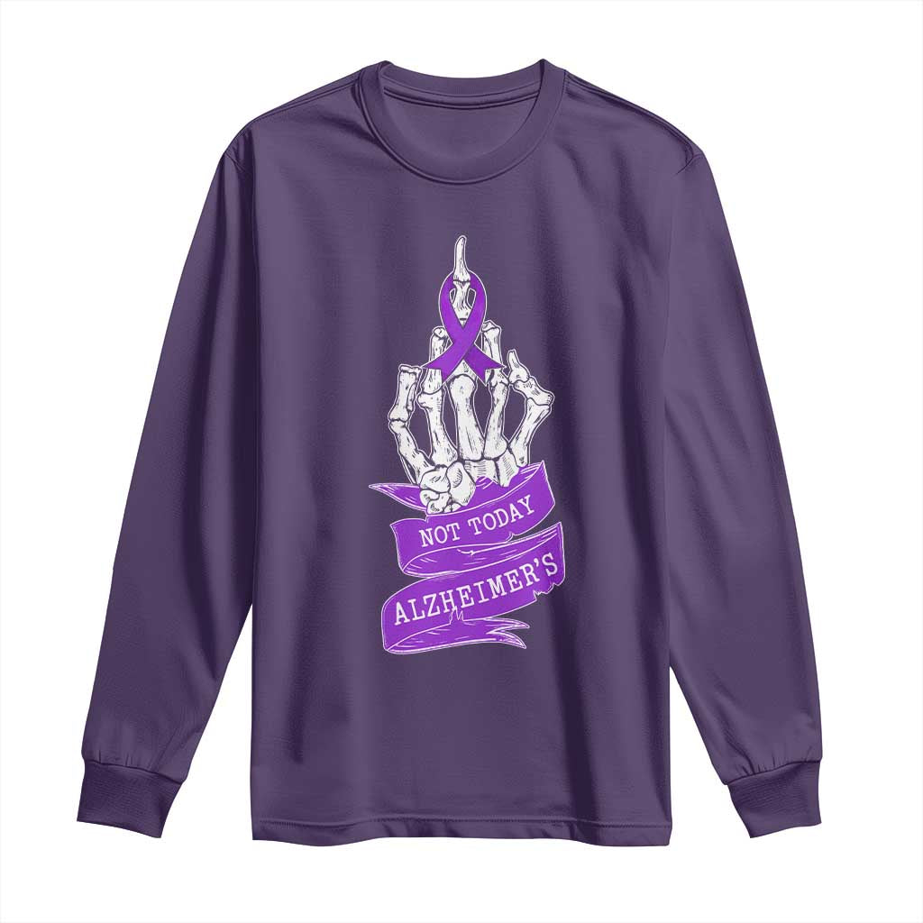 Not Today Alzheimers Long Sleeve Shirt Funny Skeleton Middle Finger Purple Ribbon
