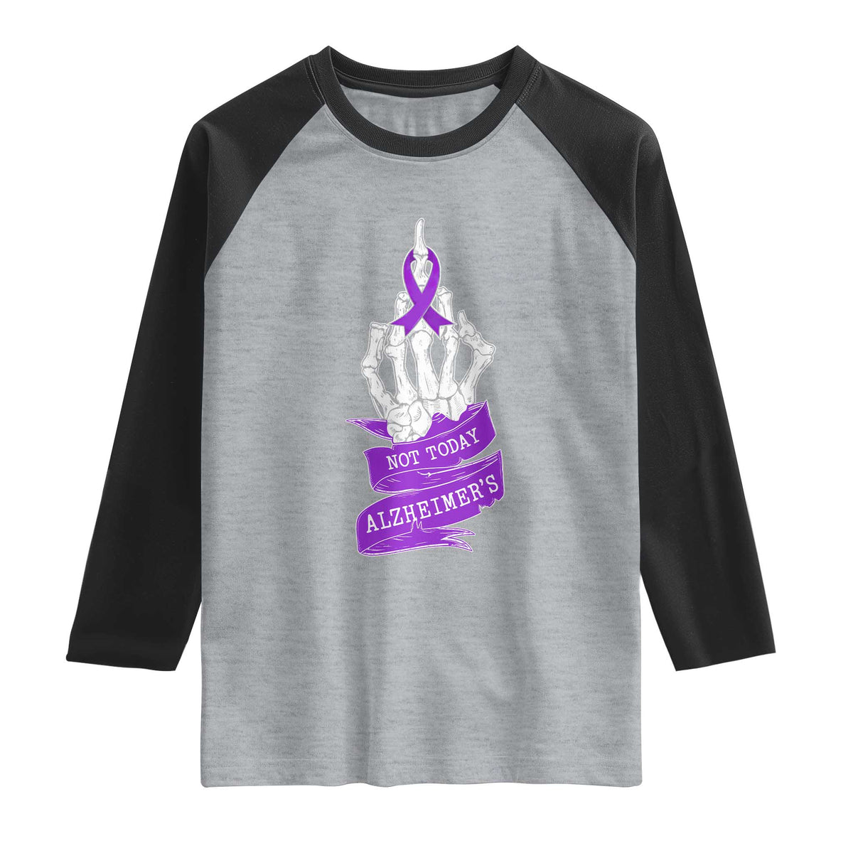 Not Today Alzheimers Raglan Shirt Funny Skeleton Middle Finger Purple Ribbon