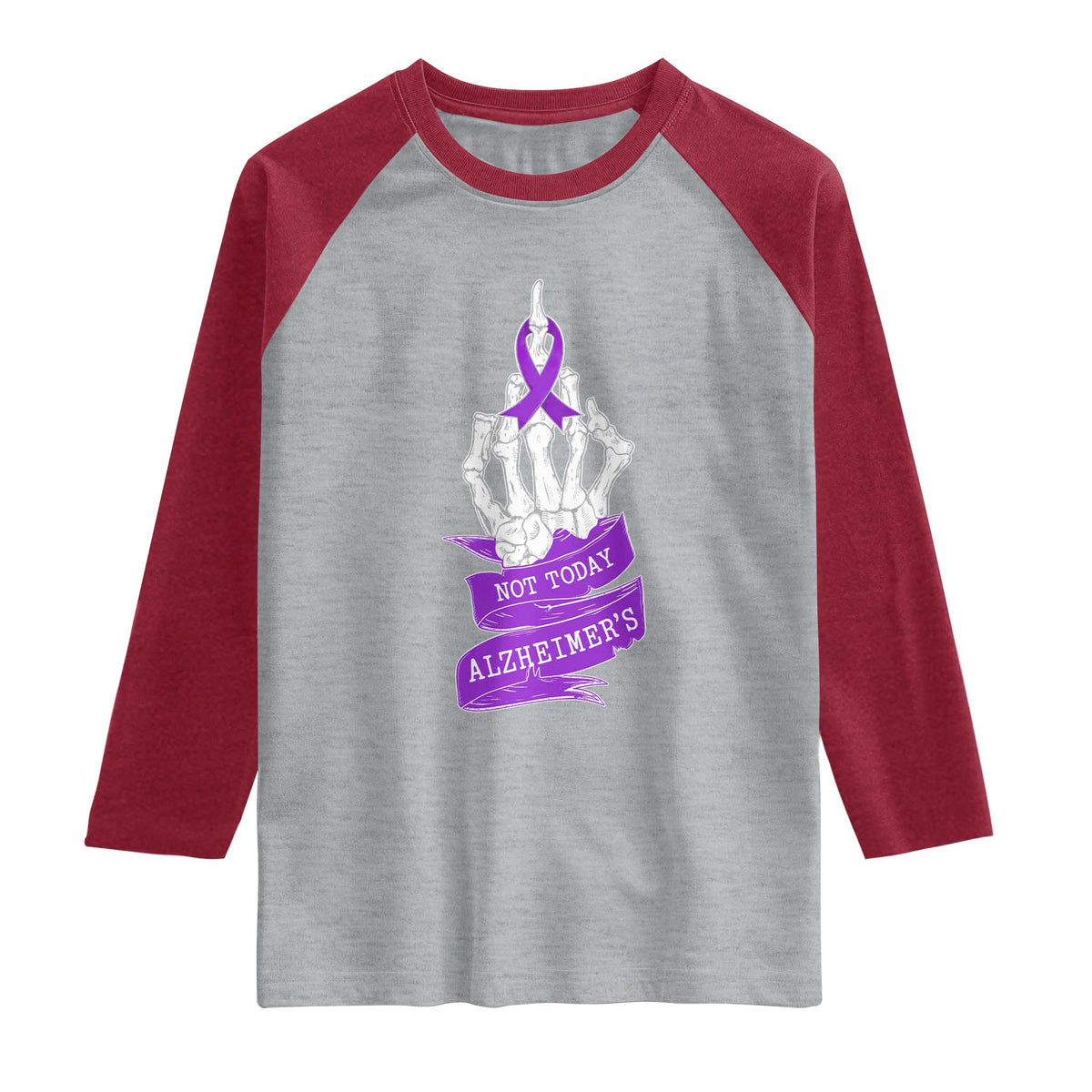 Not Today Alzheimers Raglan Shirt Funny Skeleton Middle Finger Purple Ribbon