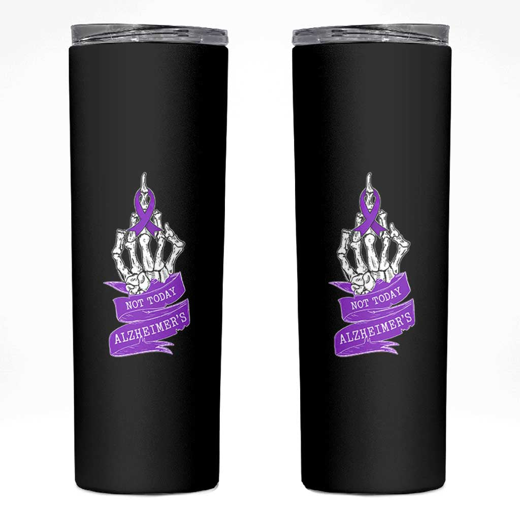 Not Today Alzheimers Skinny Tumbler Funny Skeleton Middle Finger Purple Ribbon