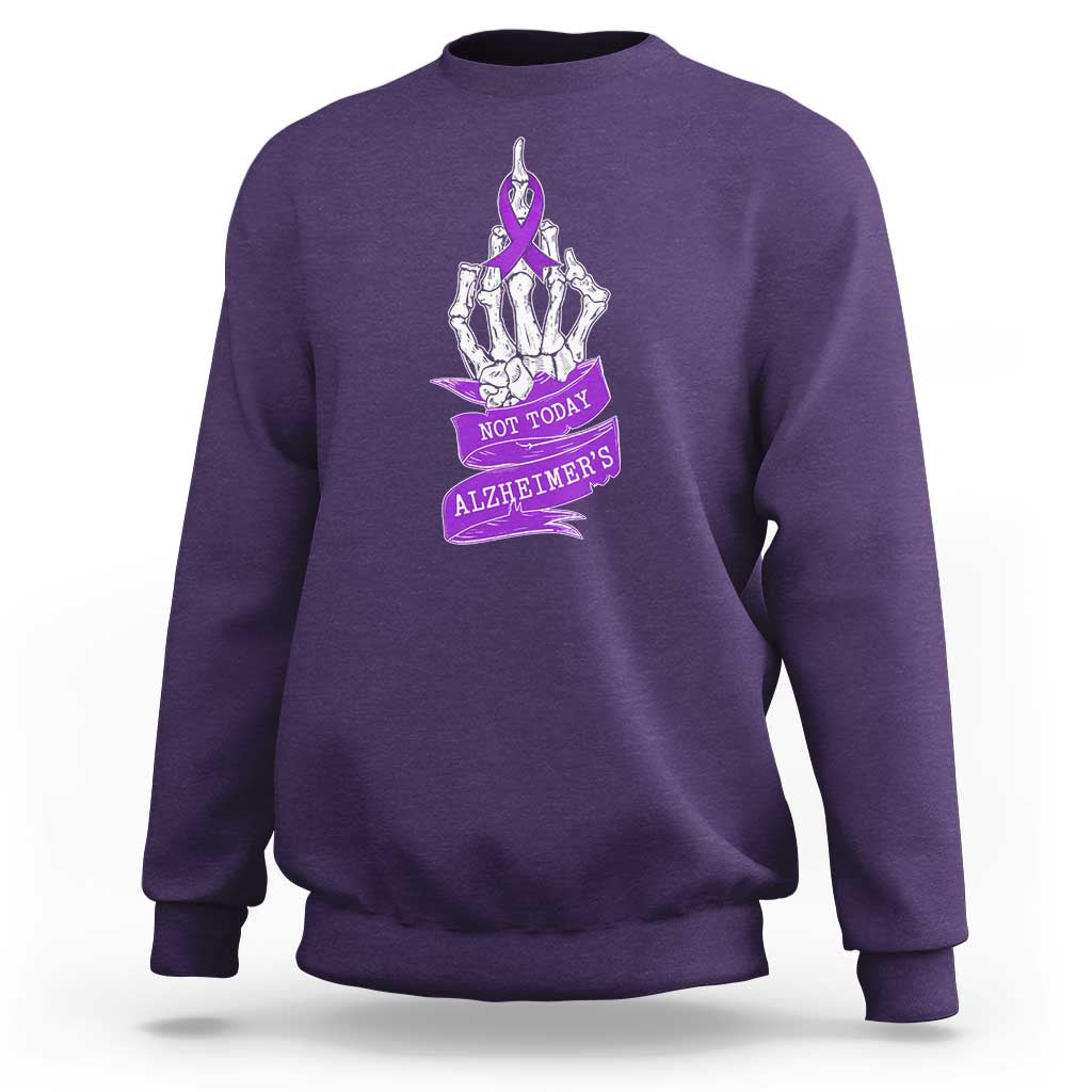 Not Today Alzheimers Sweatshirt Funny Skeleton Middle Finger Purple Ribbon