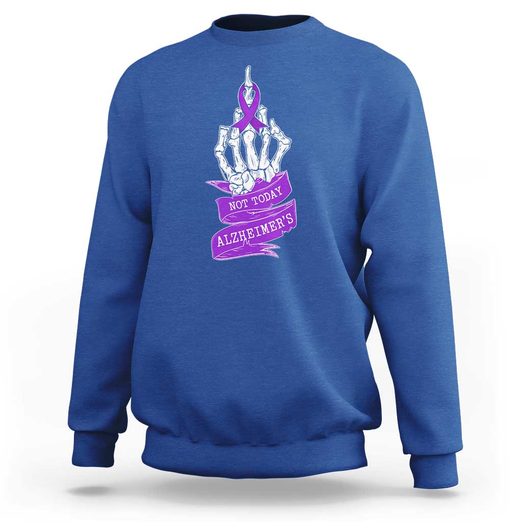 Not Today Alzheimers Sweatshirt Funny Skeleton Middle Finger Purple Ribbon