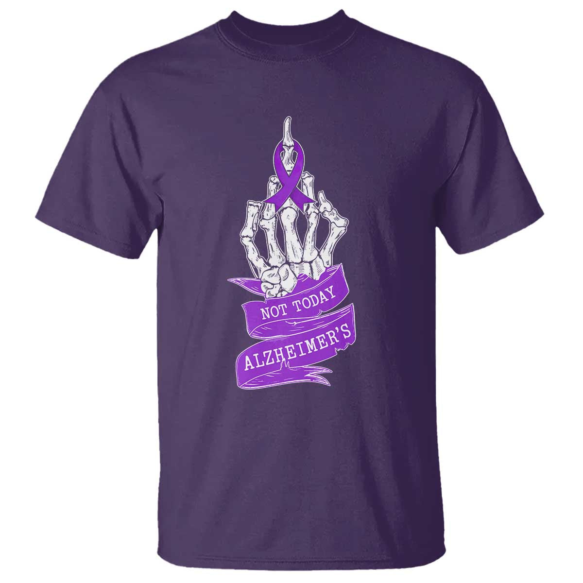 Not Today Alzheimers T Shirt Funny Skeleton Middle Finger Purple Ribbon