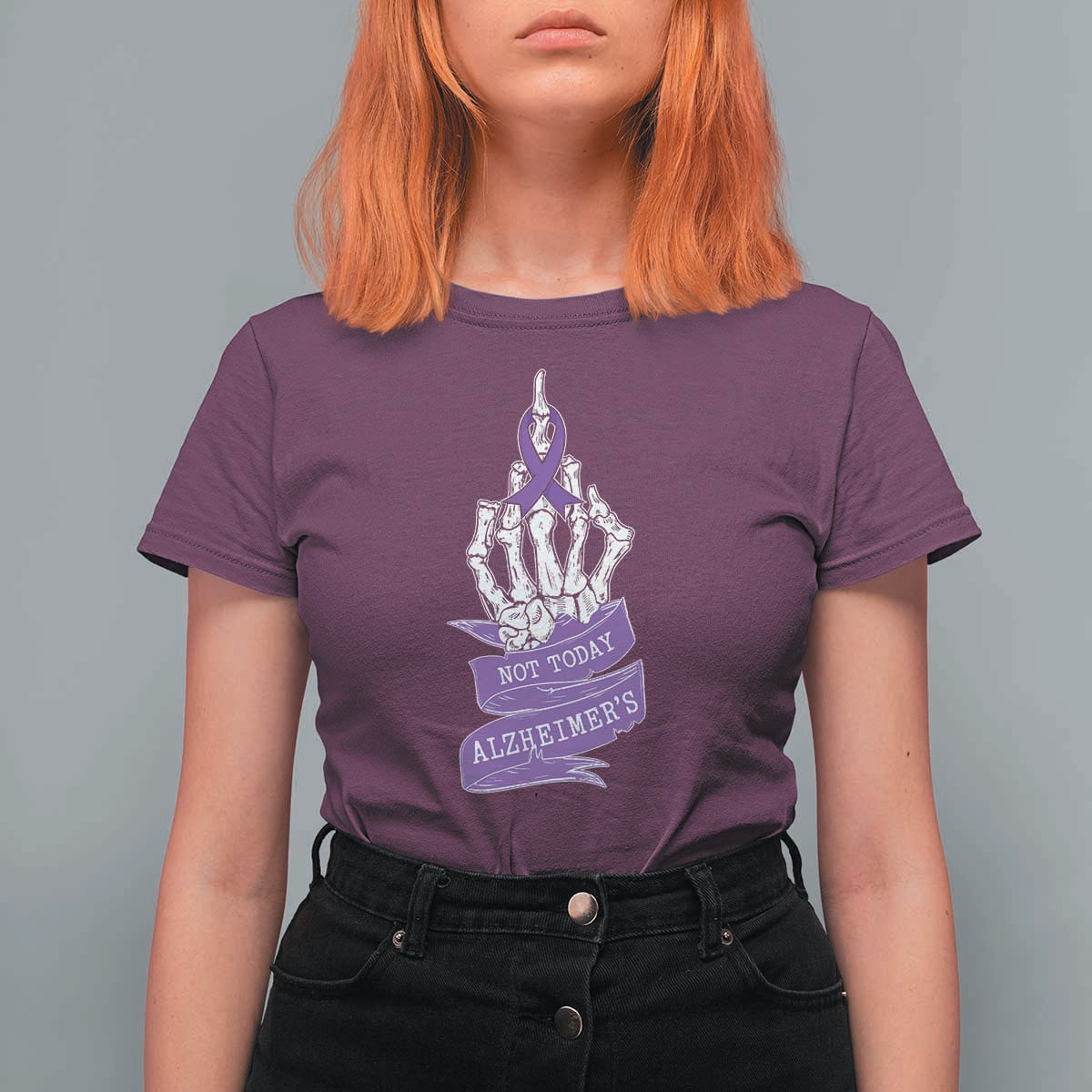 Not Today Alzheimers T Shirt For Women Funny Skeleton Middle Finger Purple Ribbon