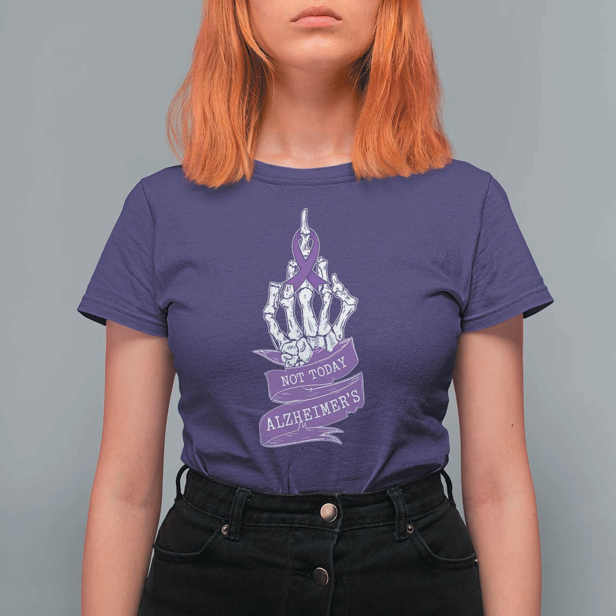 Not Today Alzheimers T Shirt For Women Funny Skeleton Middle Finger Purple Ribbon