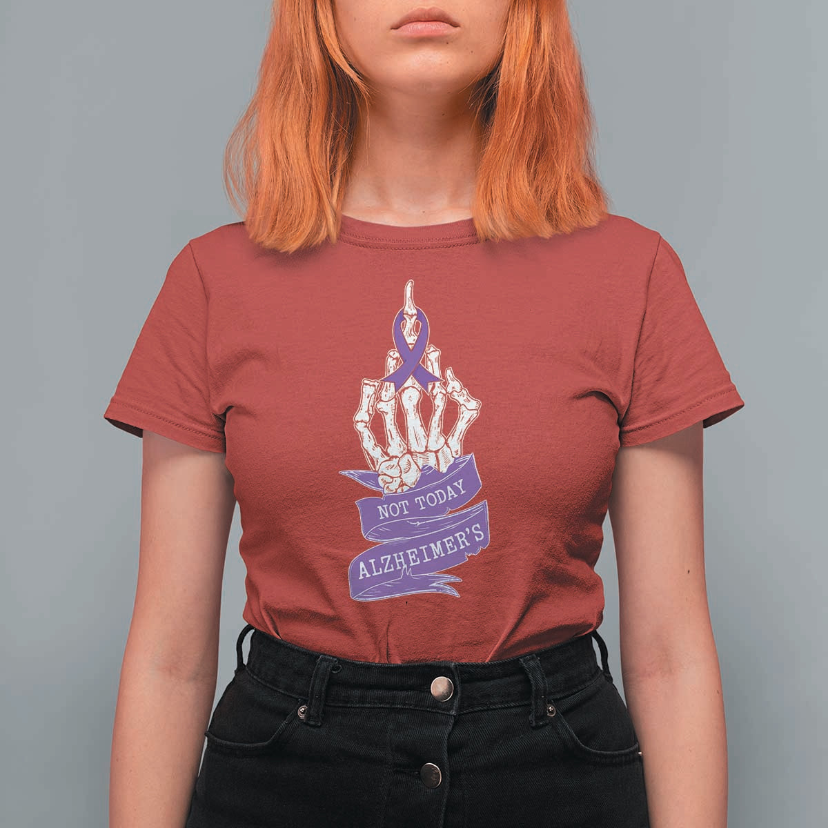 Not Today Alzheimers T Shirt For Women Funny Skeleton Middle Finger Purple Ribbon