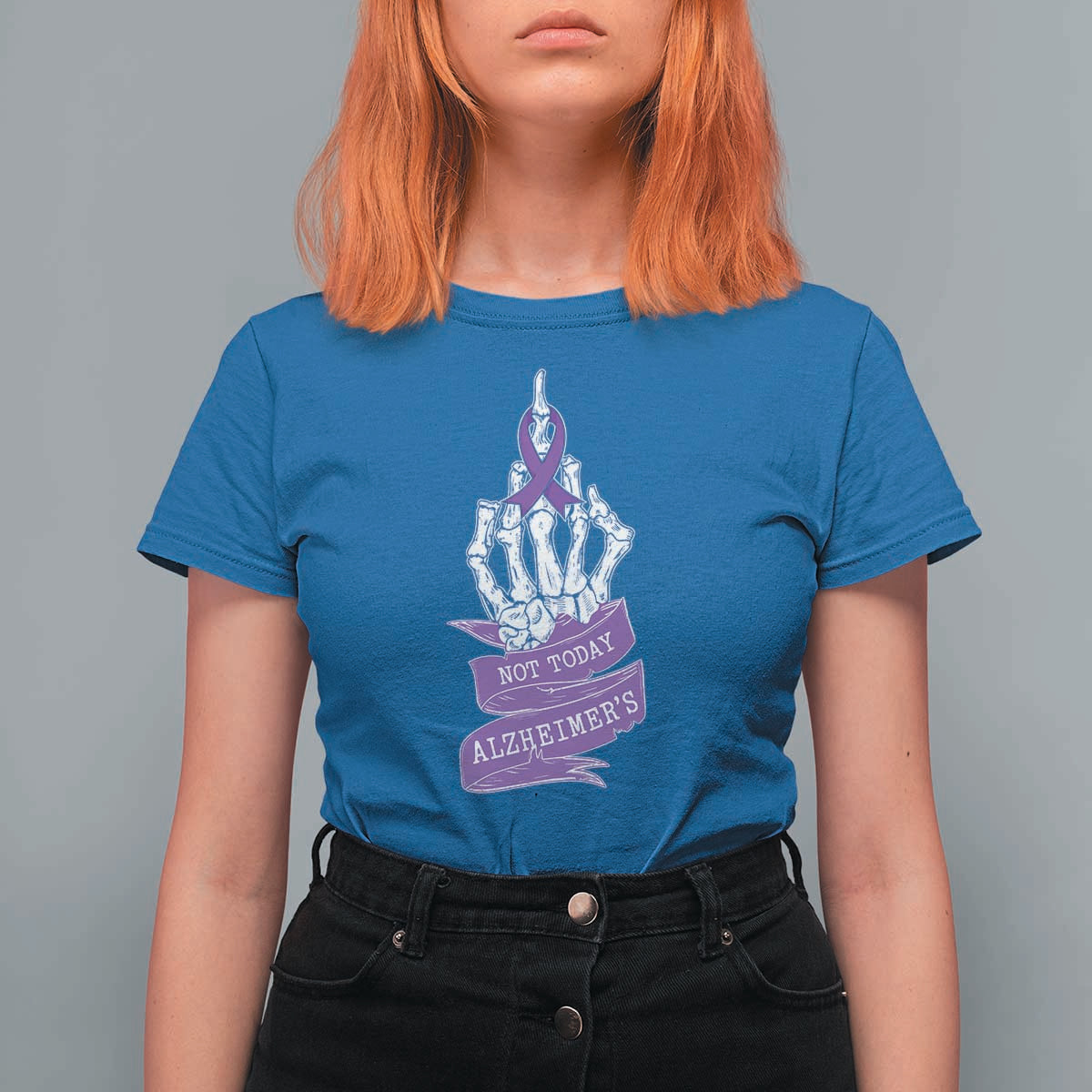 Not Today Alzheimers T Shirt For Women Funny Skeleton Middle Finger Purple Ribbon
