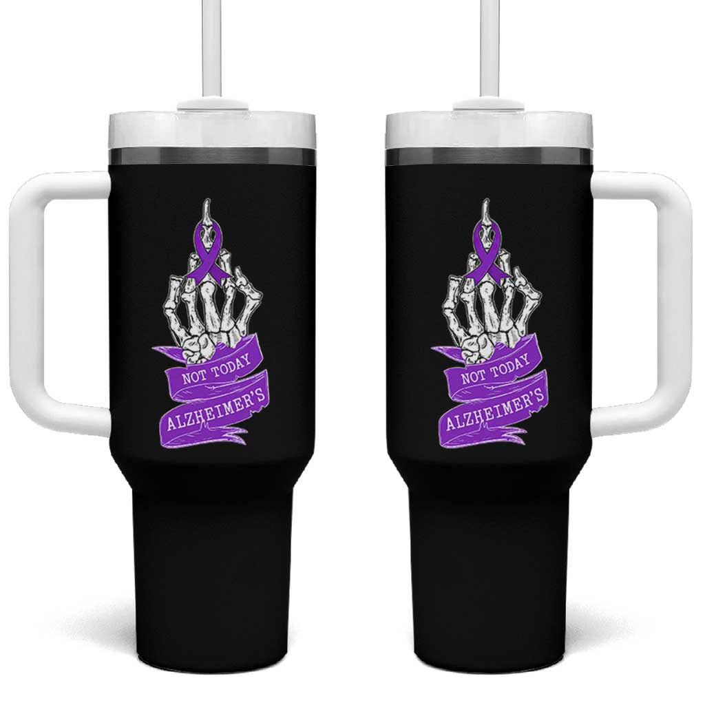 Not Today Alzheimers Tumbler With Handle Funny Skeleton Middle Finger Purple Ribbon