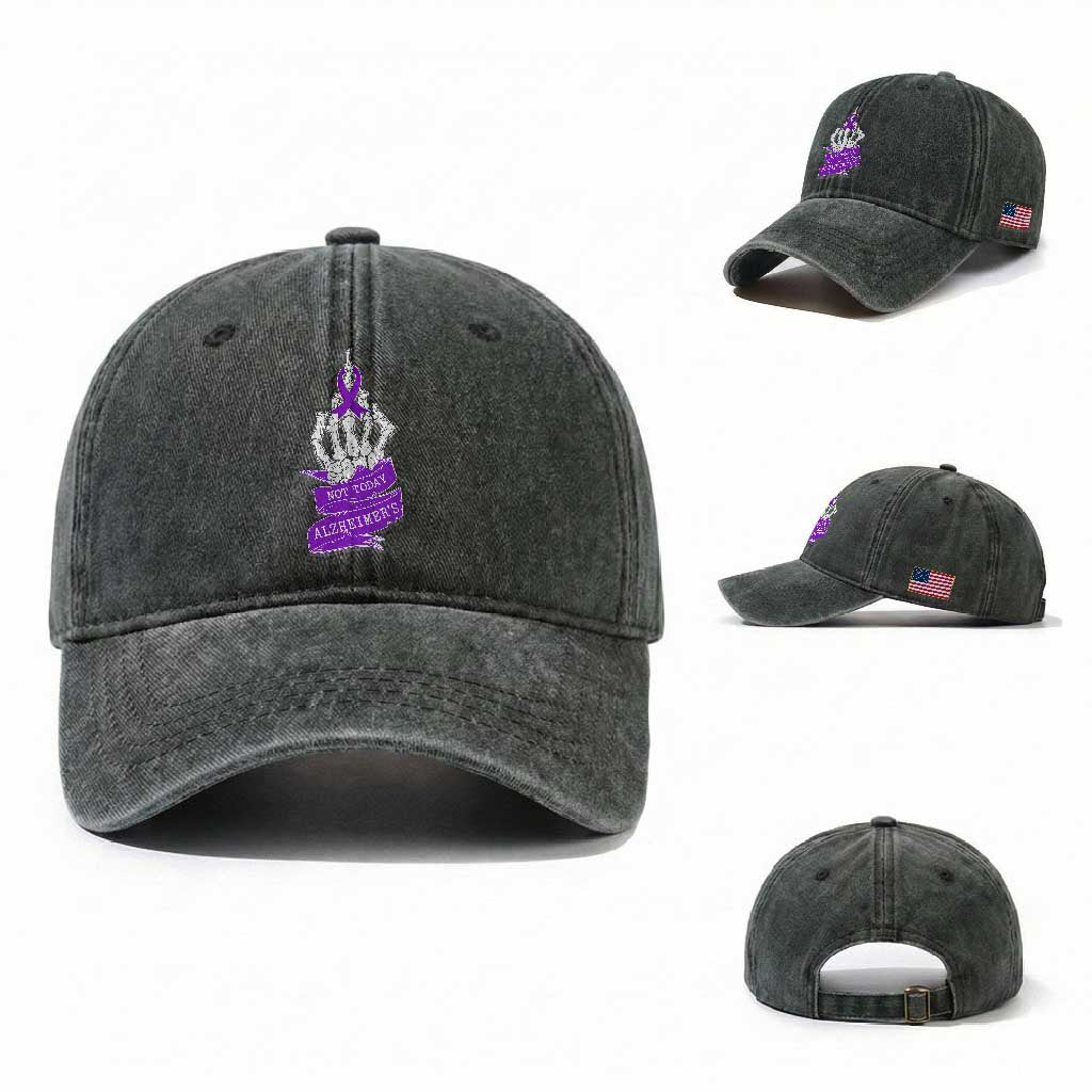 Not Today Alzheimers Washed Cotton Baseball Cap Funny Skeleton Middle Finger Purple Ribbon