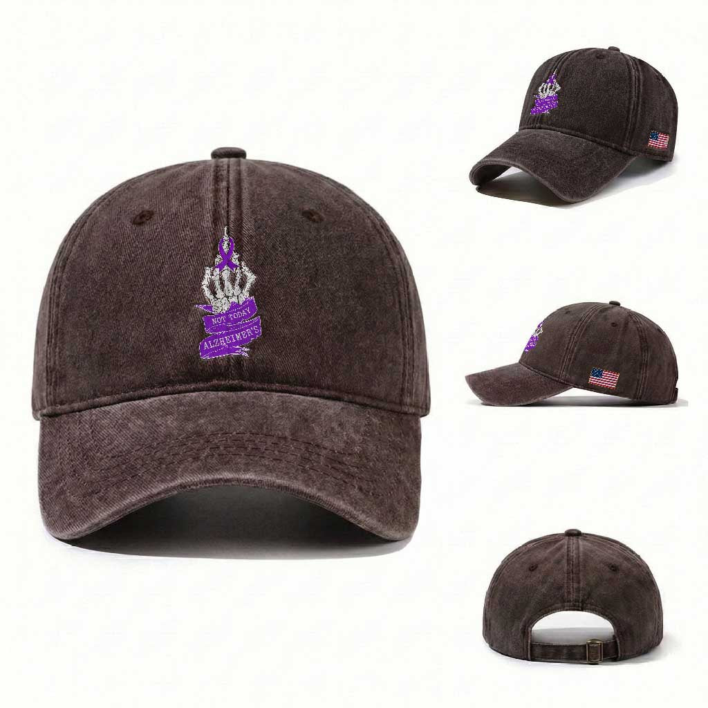 Not Today Alzheimers Washed Cotton Baseball Cap Funny Skeleton Middle Finger Purple Ribbon