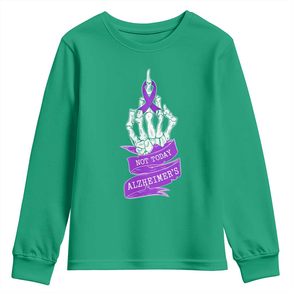 Not Today Alzheimers Youth Sweatshirt Funny Skeleton Middle Finger Purple Ribbon