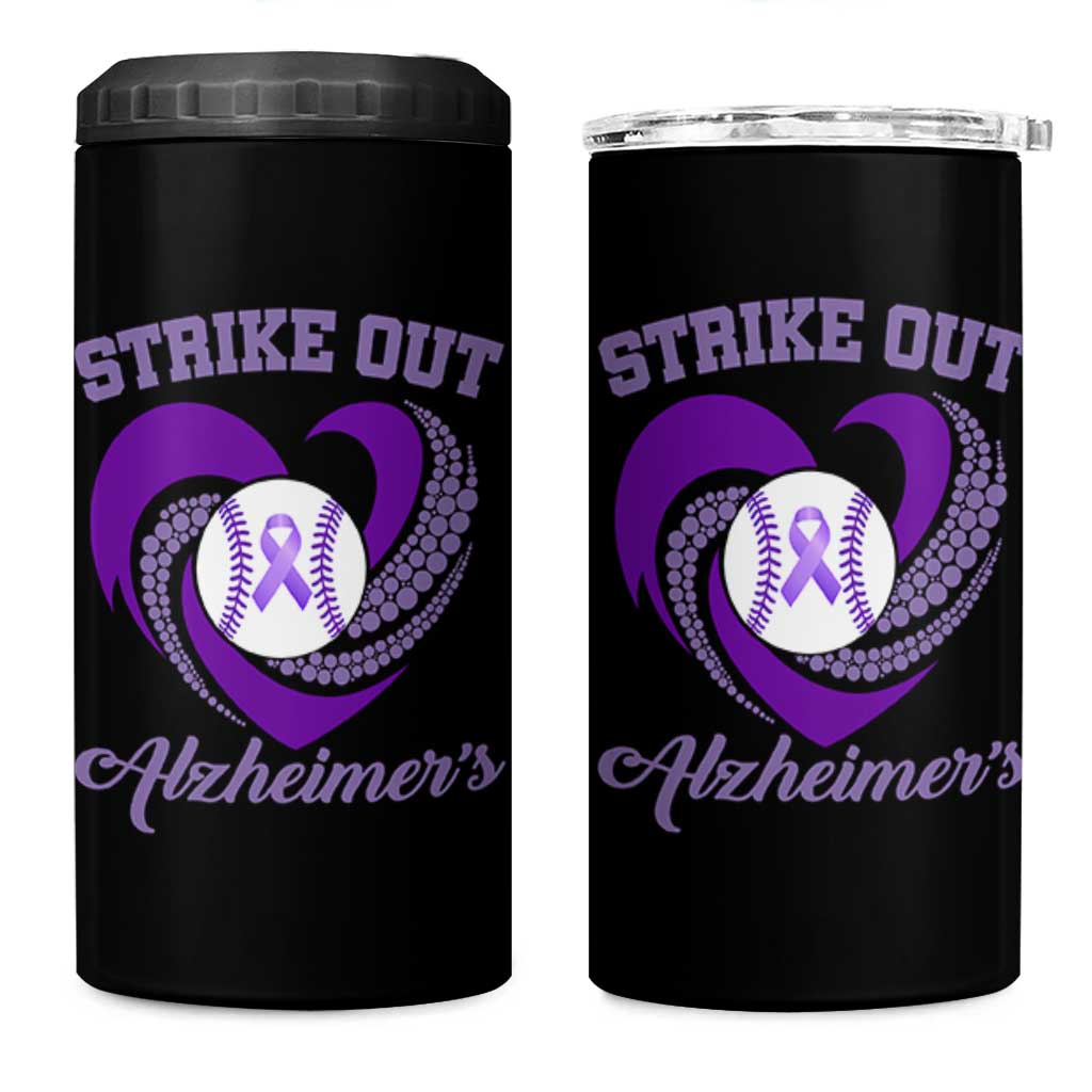 Strike Out Alzheimers 4 in 1 Can Cooler Tumbler Purple Ribbon Baseball Hope Support