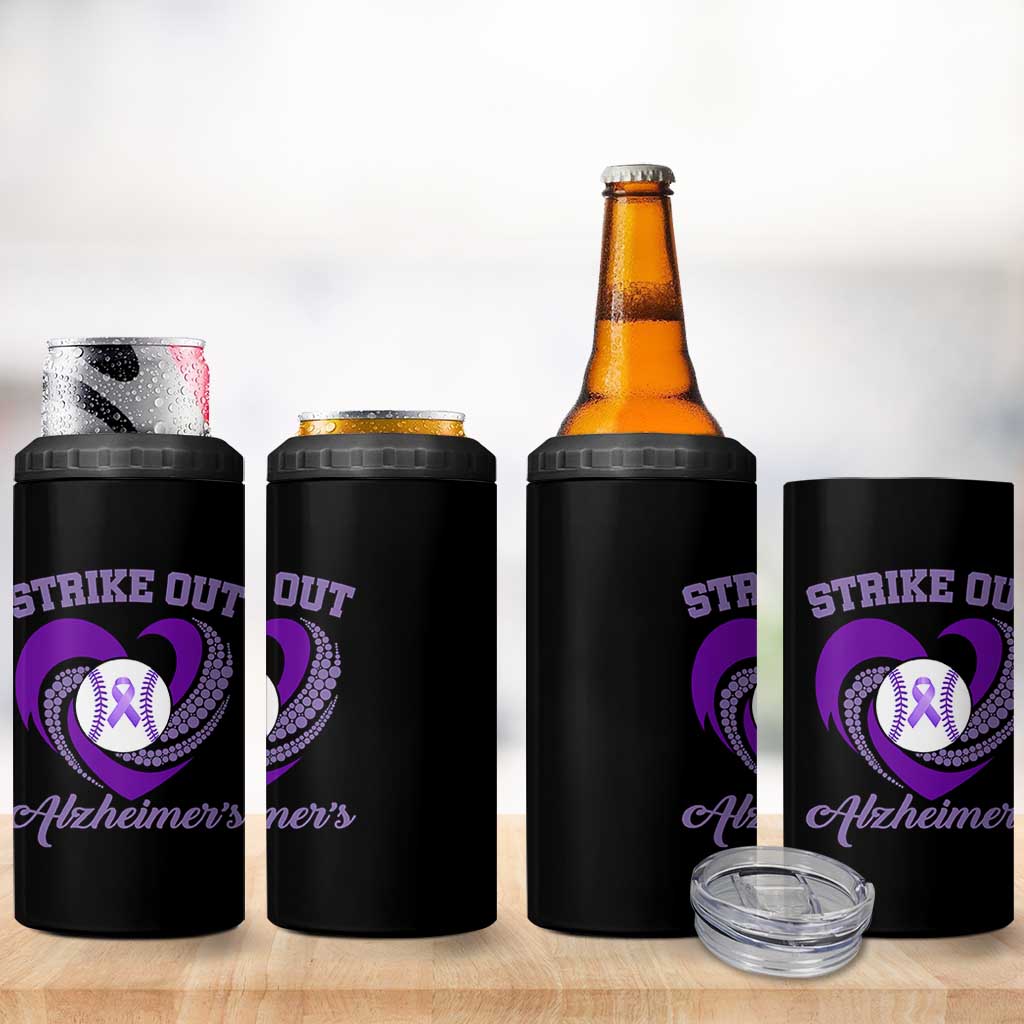 Strike Out Alzheimers 4 in 1 Can Cooler Tumbler Purple Ribbon Baseball Hope Support