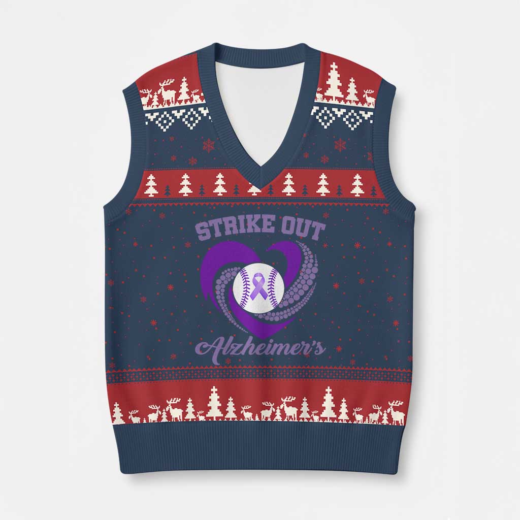 Strike Out Alzheimers V-Neck Knit Sweater Vest Purple Ribbon Baseball Hope Support