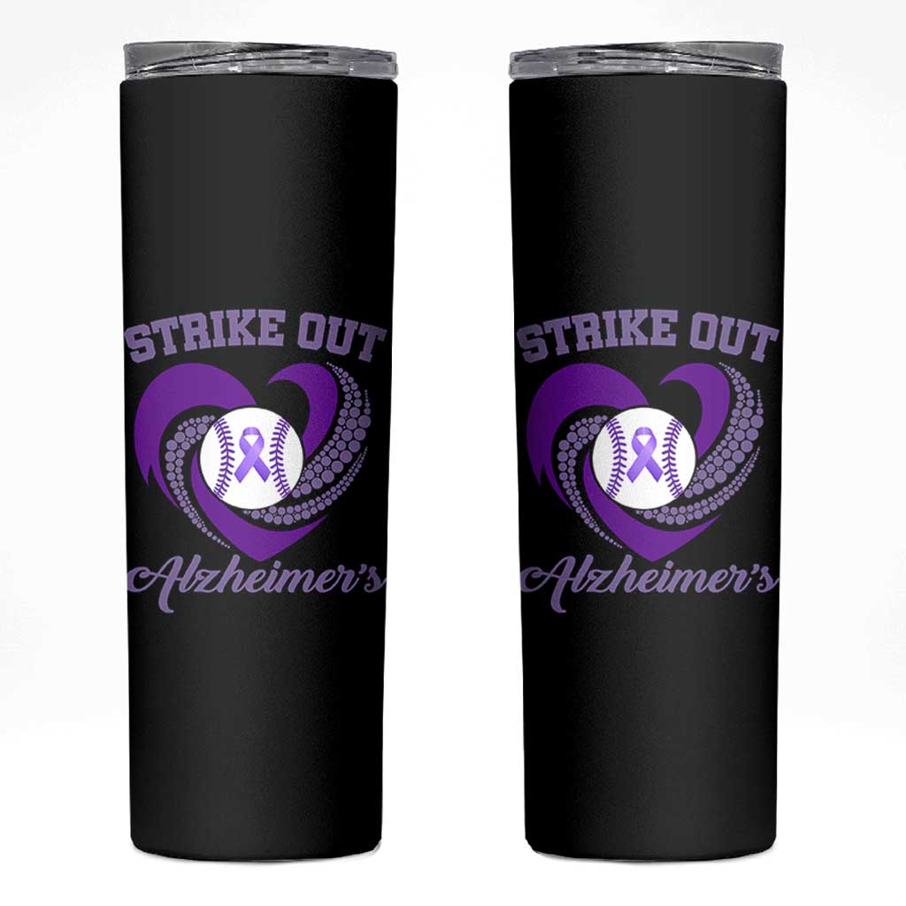 Strike Out Alzheimers Skinny Tumbler Purple Ribbon Baseball Hope Support