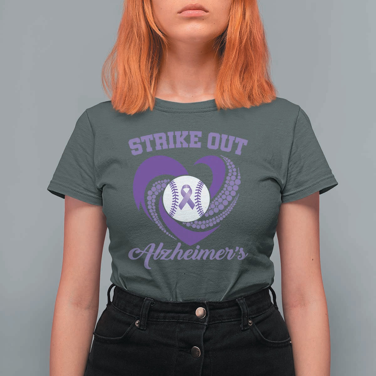 Strike Out Alzheimers T Shirt For Women Purple Ribbon Baseball Hope Support